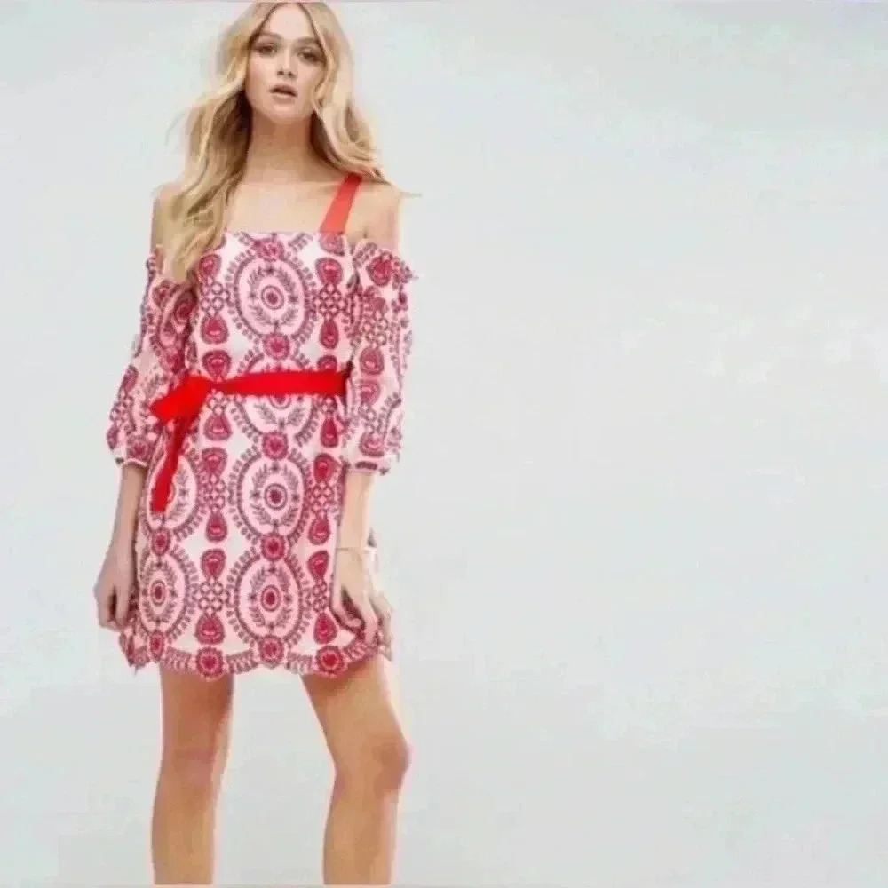 ASOS Red and White Embroidered Off The Shoulder Dress Size 10